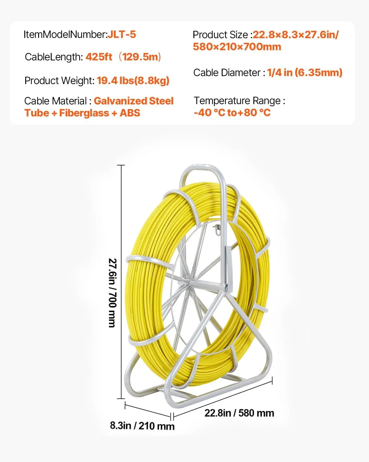 شريط سمك من الألياف الزجاجية بطول 425 قدم × 1/4 بوصة، أداة سحب قضيب شريط السمك مع حامل فولاذي متين، شريط صيد غير موصل #6