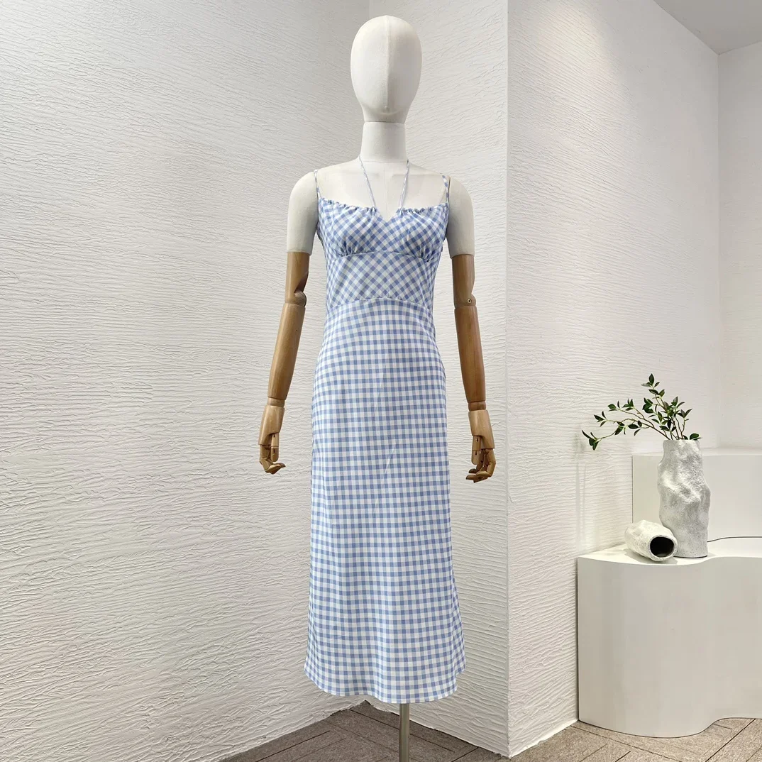 

Silk 2024 New Collection Plaid Geometric Print Pink High Quality Sleeveless Halter Blackless Shirred Women Summer Blue Dresses