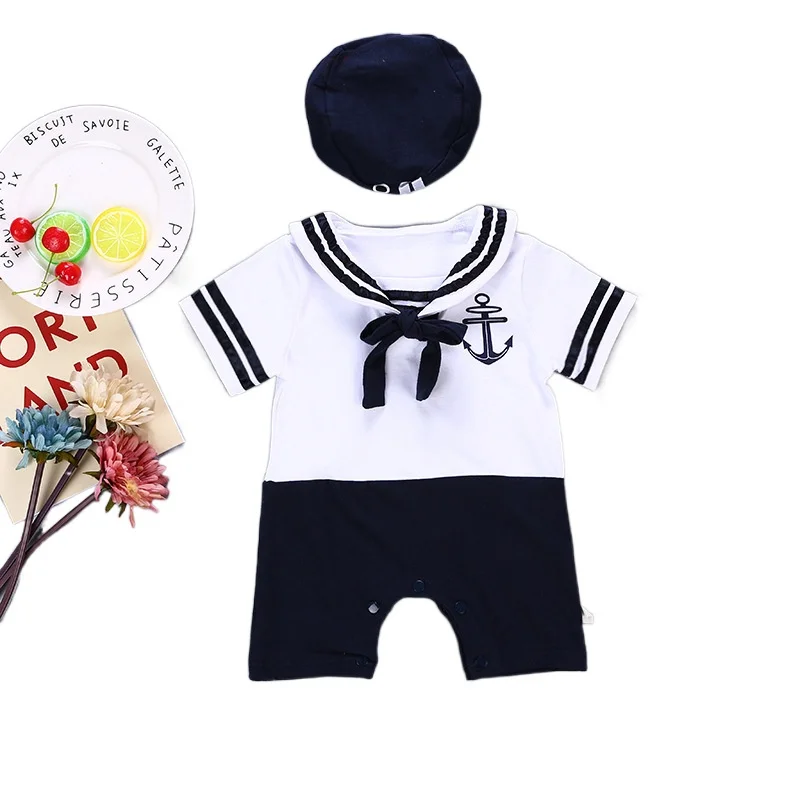 New Born Baby Clothes Set Infant Anchor Sailor Romper White Christening Bodysuit Outfit Toddler Navy Sailor Jumpsuit+hat Costume