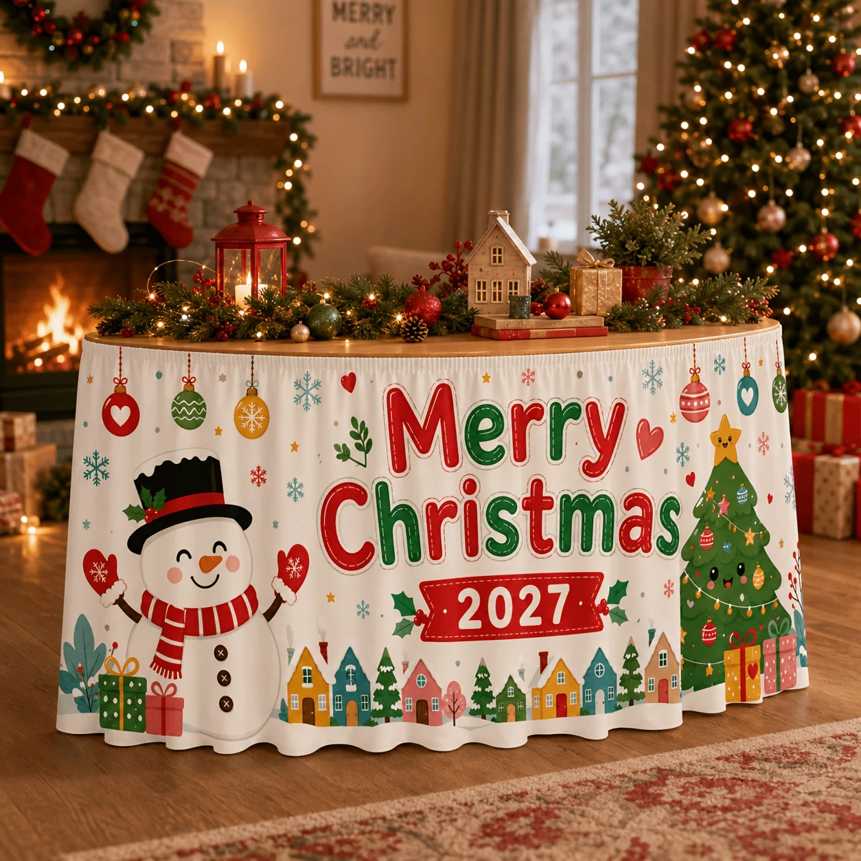 Merry Christmas 2027 Tablecloth, Cute Snowman Christmas Tree Gift Box Snowflake Winter Village Cabin Table Skirt
