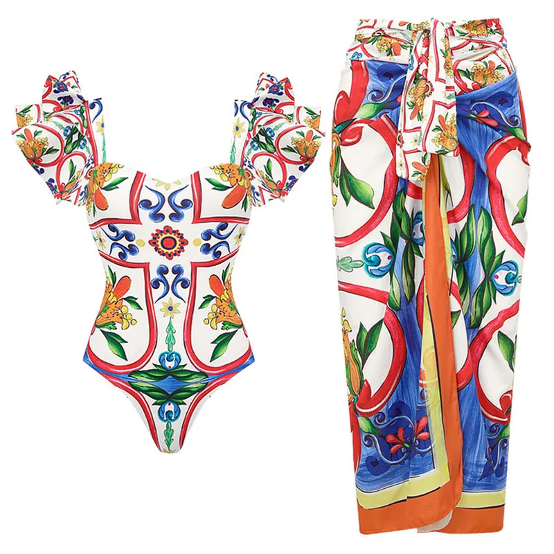 One-piece ชุดว่ายน้ําสตรี Lotus Leaf Edge พิมพ์ชุดว่ายน้ําชุดบิกินี่ชุดชายหาดสไตล์สวมชุด Maxi กระโปรง