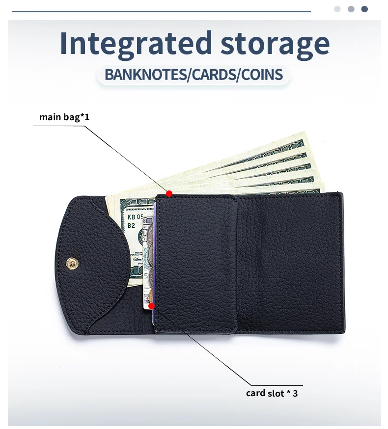 محافظ نسائية من جلد البقر المحبب على الطراز الياباني، محفظة صغيرة قابلة للطي - إغلاق سريع ومنظم محمي من RFID