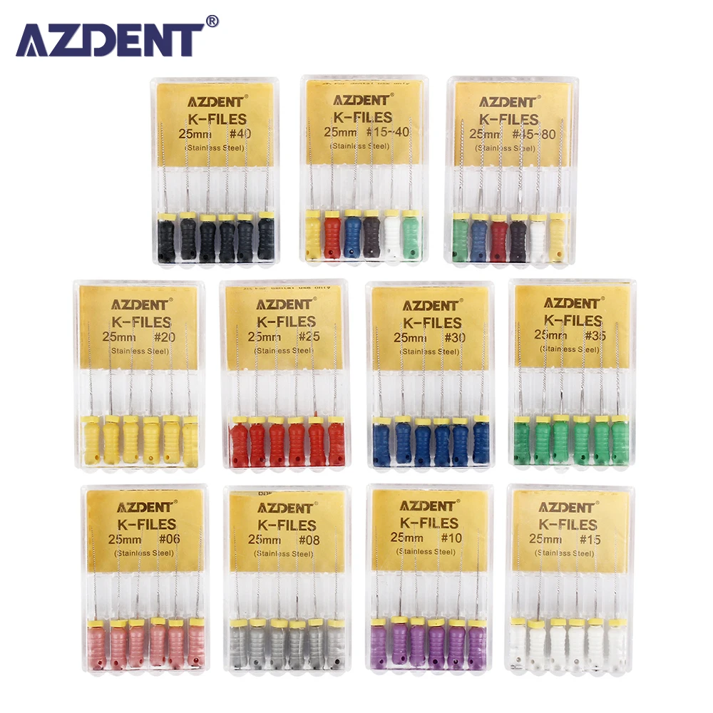 6Pcs/Pack AZDENT Dental Hand Use K-Files 21/25mm Stainless Steel Endodontic Root Canal Files Dentist Tools Dental Lab Instrument