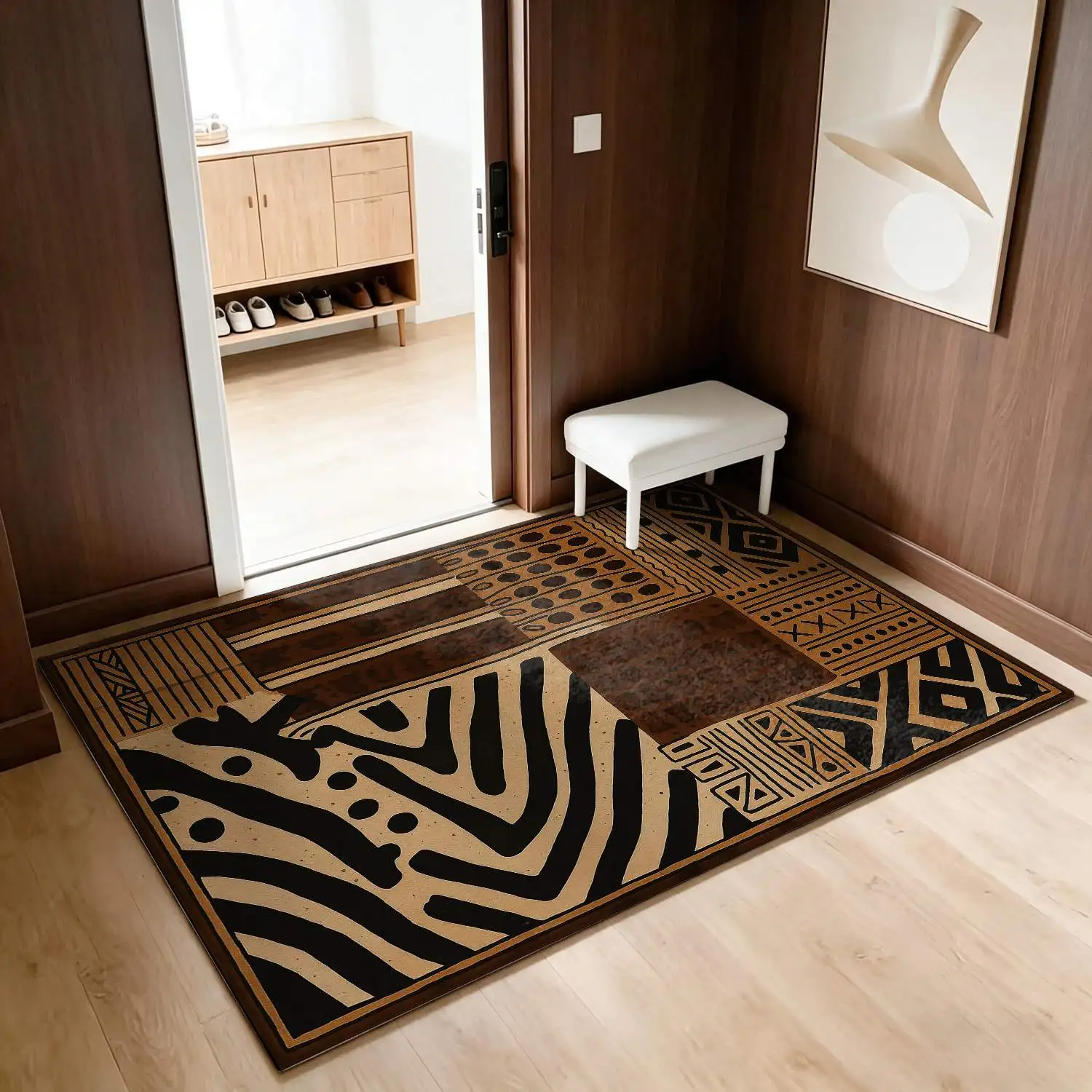 1Pc 2D Printed Retro Brown Black Geometric Abstract Nordic/Instagram Style Carpet, Machine Washable, Multi-Size, Ideal for Home Decor & Various Spaces Like Entrance, Dining, Living Room, Bedroom