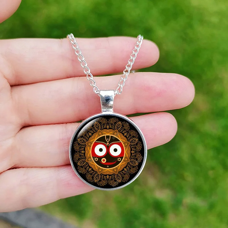 Vintage Hindu God lord Jagannath Necklace for Men Women Mandala Face Picture Charm Glass Time Gem Pendant Jewelry Gift