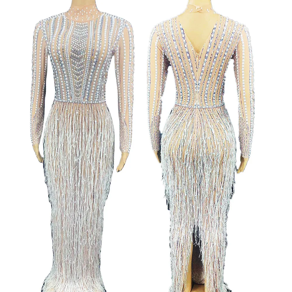 Shining Embellished Beaded Women Dress Tassel Split Floor Long Asymmetrical Nightclub Queen Costume DJ Singer Dance Stage Wear