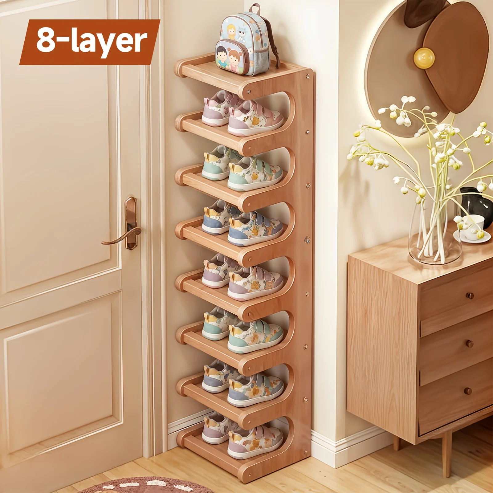 

8-tier Heavy-duty Bamboo Shoe Rack, Holds Up To 8 Pairs of Shoes, Freestanding Shoe Rack, Bamboo Shoe Storage Unit, Small Spaces
