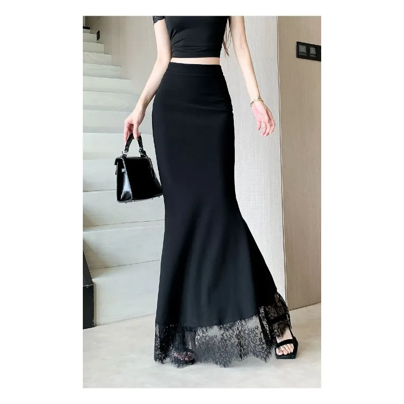 

Женская одежда, черная кружевная лоскутная юбка для женщин, юбка-рыбий хвост средней длины с высокой талией, облегающая бедра