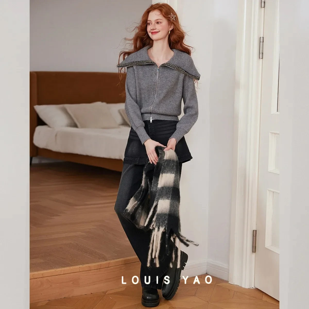 

LOUIS YAO Zip-Front Beaded Ribbed Cardigan 2025 Autumn/Winter Fashion and Delicate Wide Collar Outerwear-Style Women's Knitwear
