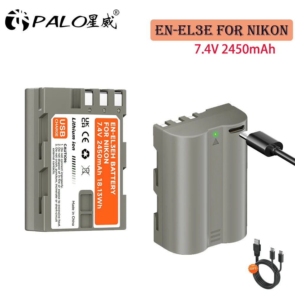 

EN-EL3E EN EL3e Battery for Nikon D300 D700 D200 D300S D80 D90 D70S D50 2450mAh EN-EL3a Battery with Type-C Fast Charging Cable