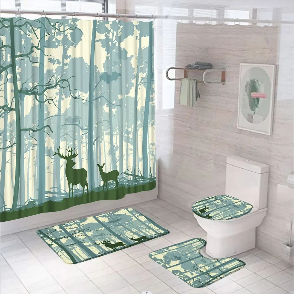 Sika Deer Shower Curtain Set with Non-Slip Rug Toilet Lid Cover Bath Mat Watercolor Animals Plum Blossom Birds Bathroom Curtains