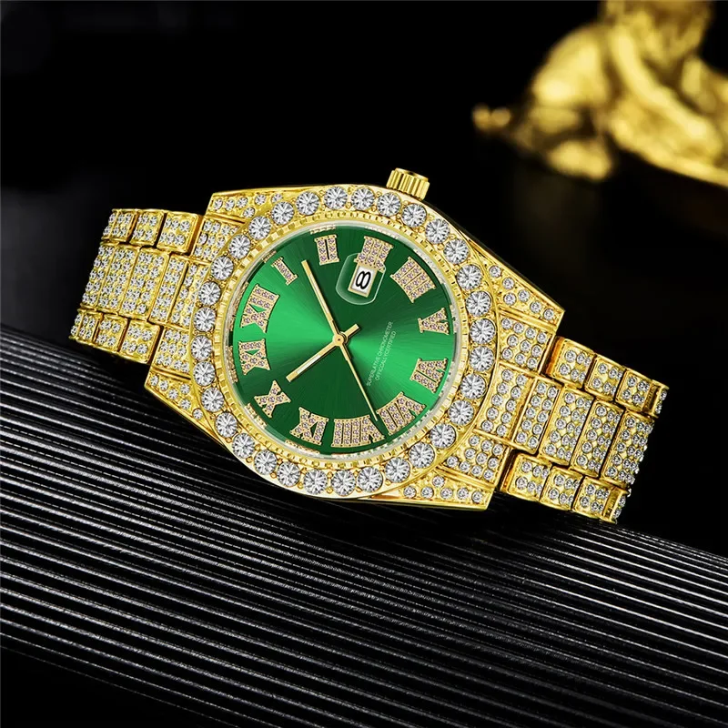 Men Fashion Trend Gold Full Diamond Hip Hop Date Quartz Watches