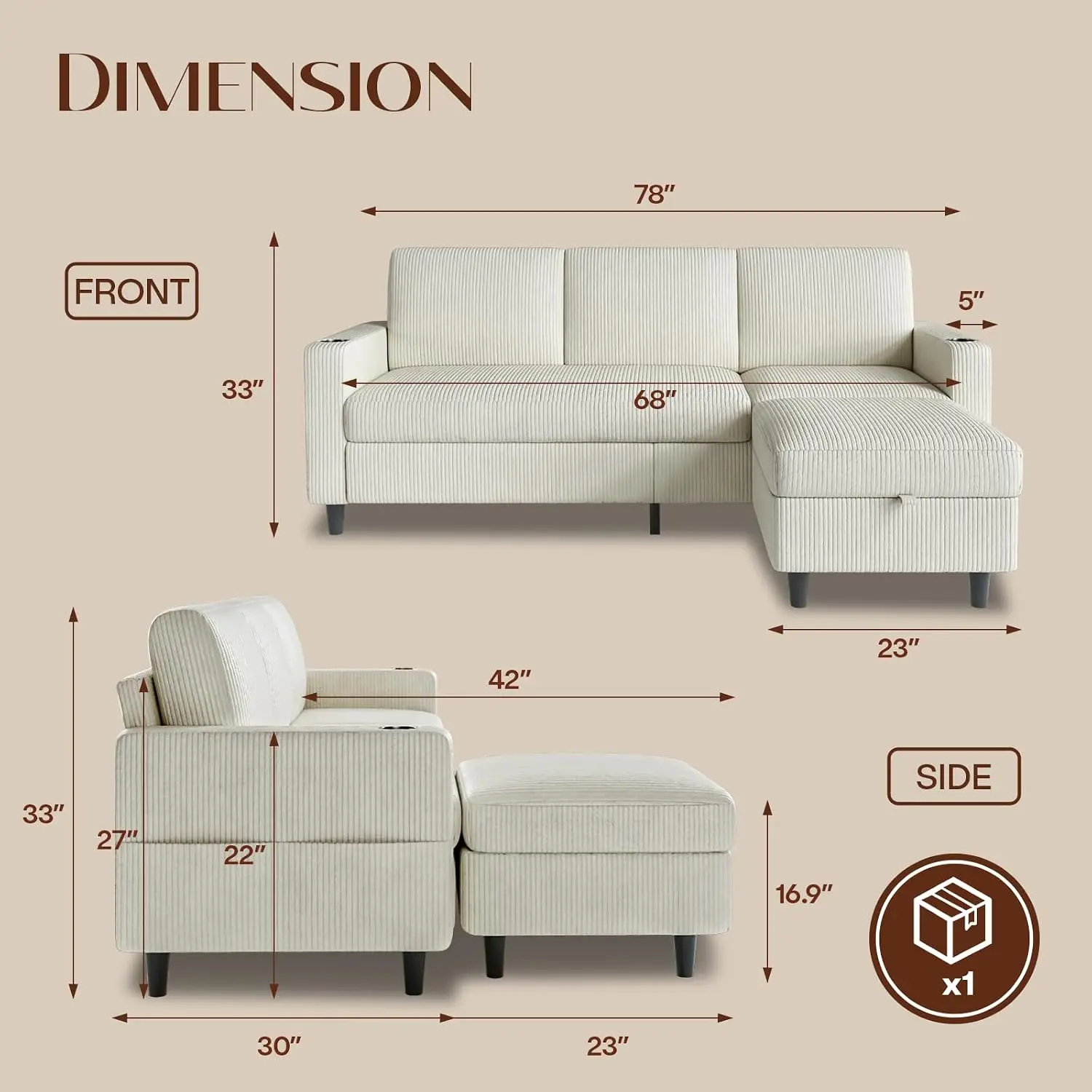 Convertible Sectional Couches for Living Room, 3 Seats L Shaped Sofa with Storage Ottoman & 2 Cup Holders, Modern, Customized