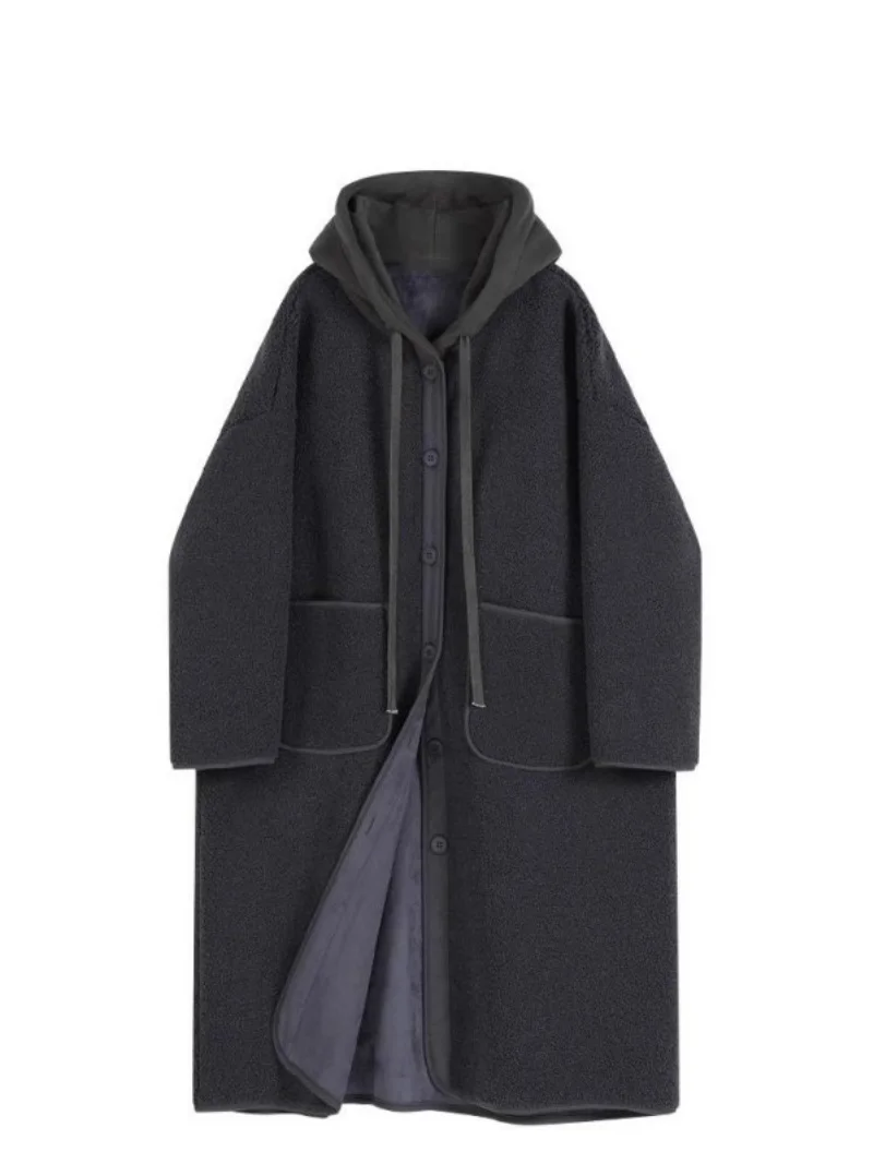 

Простая ветровка с капюшоном, зимняя длинная куртка, мода 2024, новый стиль, темпераментное пальто средней длины, ленивая свободная повседневная толстовка с капюшоном w1364