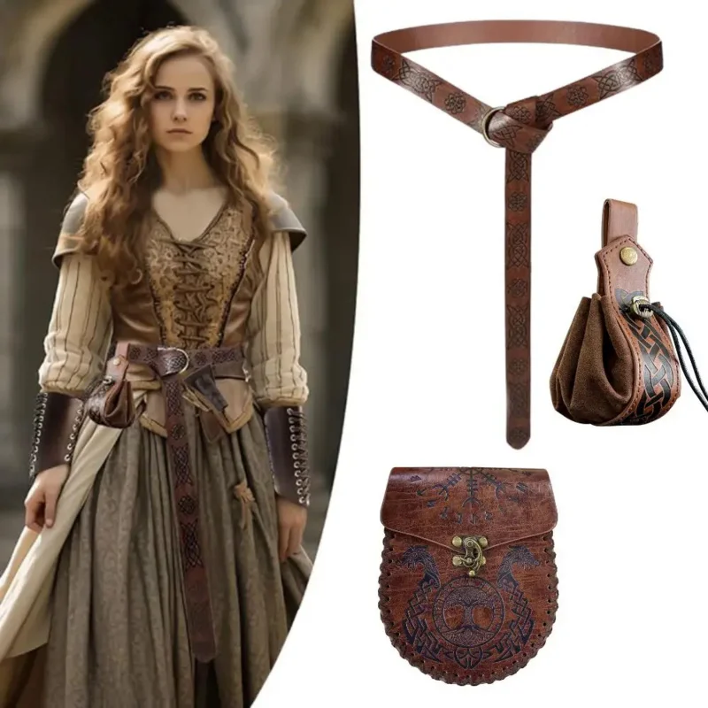 อุปกรณ์คอสเพลย์แนววินเทจสำหรับผู้ชายเข็มขัดอัศวินยุคฟื้นฟูศิลปวิทยายุคกลางสไตล์ไวกิ้งกระเป๋าคาดเอวหนัง