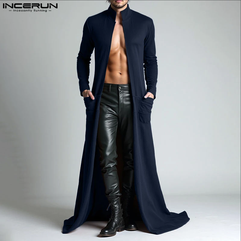 INCERUN Men Long Style Trench Solid Color Long Sleeve Cardigan Men Coats Streetwear Loose Open Stitch Fashion Casual Windbreaker