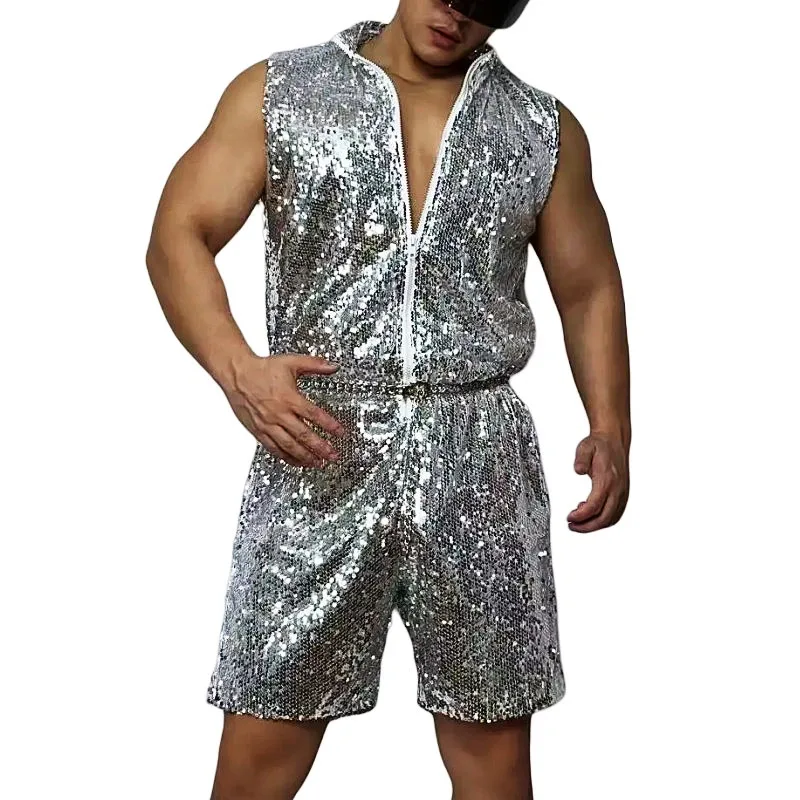 Hip Hop Overalls Dance Costume Glitter Gold Silver Sleeveless Zipper Jumpsuit Bar Nightclub Male DJ Gogo Performance Stage Wear