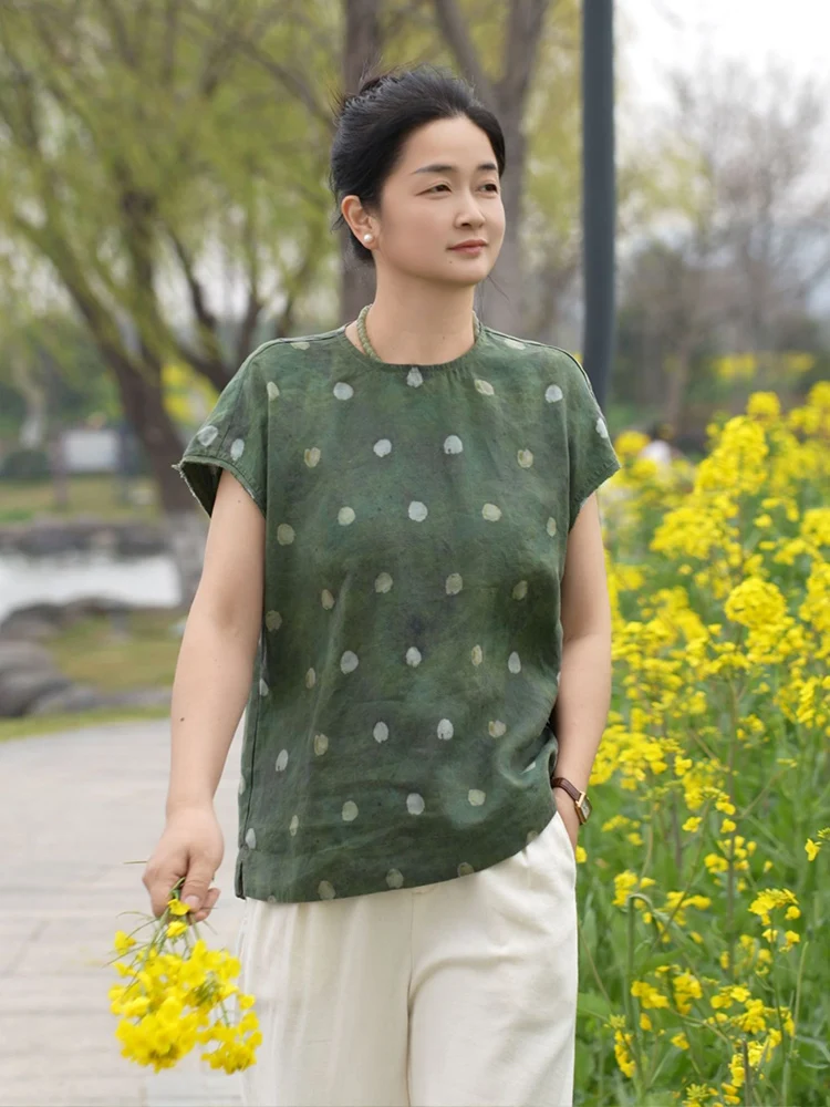 

Casual Han Hanflax Women's Top Spring Thin Polka Dot Tank Vest FSY60098 Comfortable Loose Fit round Neck Short Sleeve T-Shirt