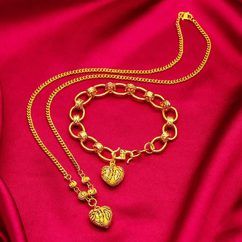 

24K Gold Heart Necklace & Bracelet Set | AU999 Pure Gold, 3D heart design, shiny finish, romantic for daily wear