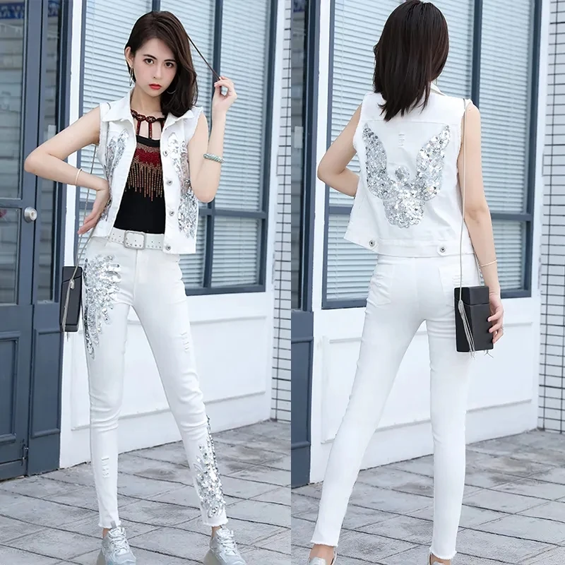 Streetwear Denim Suit Female2022 Spring Summer New White Jeans Elastic Sequined Flower Vest Waistcoat+Trousers Tide High Quality