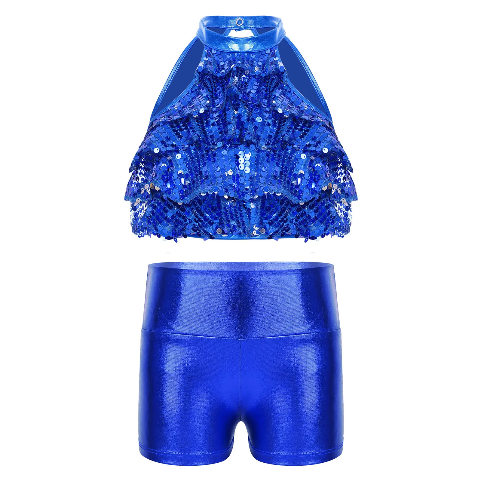Kids Girls Jazz Hip Hop Street Dance Outfits Sequins Tiered Ruffles Crop Top with Metallic Shorts for Cheerleading Performance