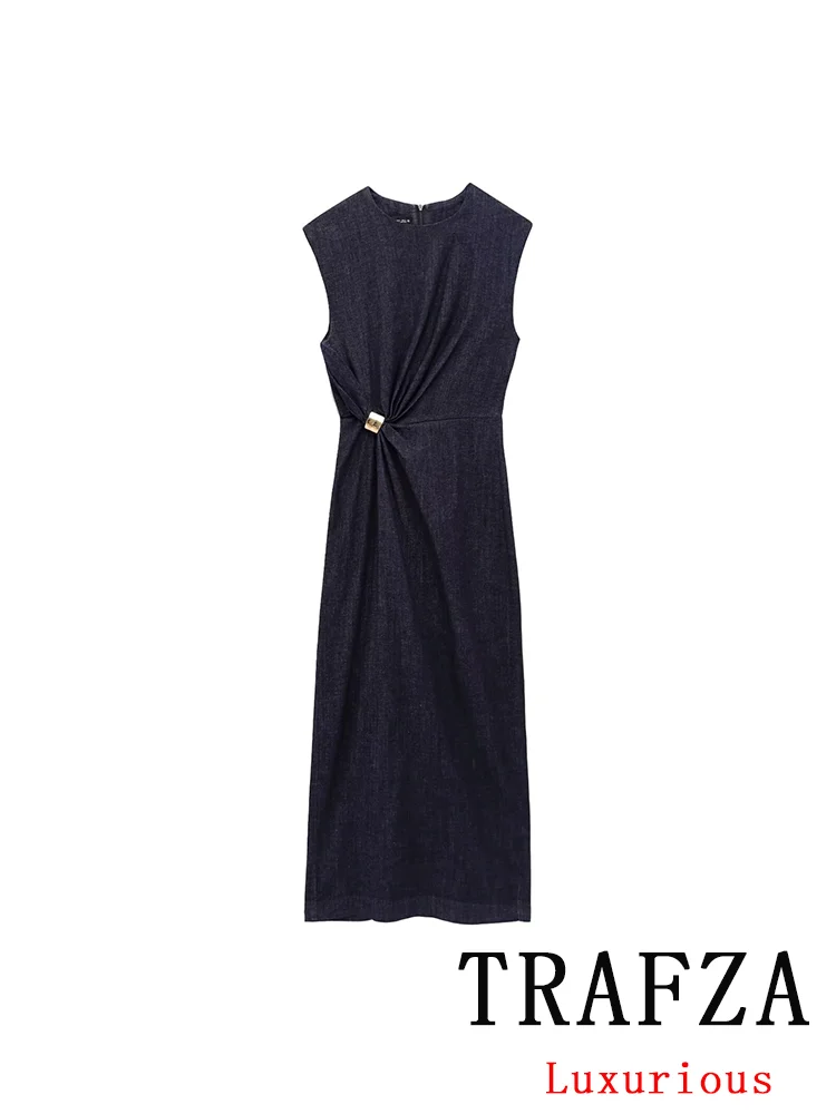 

TRAFZA Vintage Chic Casual Women Dress O-Neck Appliques Sleeveless Straight Long Vestidos New Fashion 2025 Summer Holiday Dress