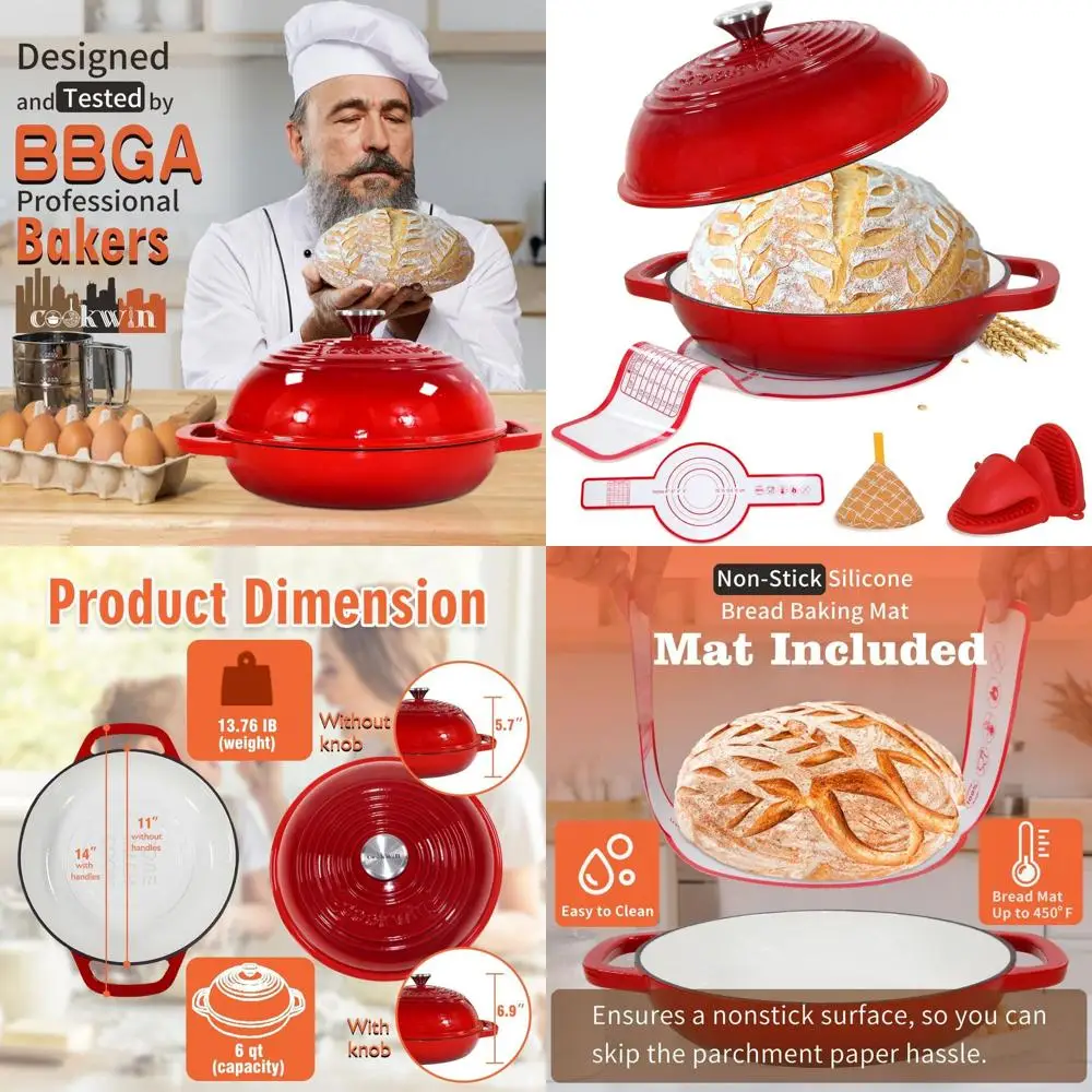 

6 Quart Dutch Oven for Bread and Stews, Red Enamel Cast Iron Pan with Lid