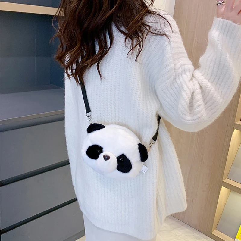 Bolso cruzado de peluche con cabeza de Panda para niñas, mochila de oso suave, monedero, regalo de cumpleaños y vacaciones