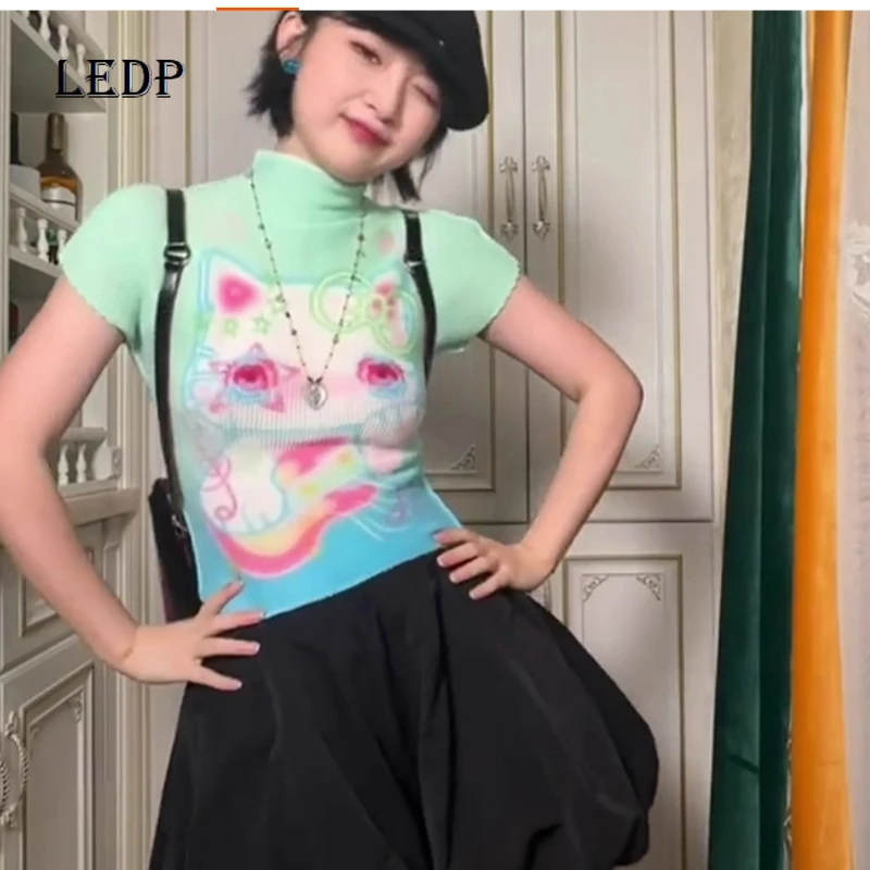 

Original Design New Women's Top Colorful Animal Print Sweet Cool Thin Pleated Short-sleeved Tees Versatile Cute T-shirt Ladies