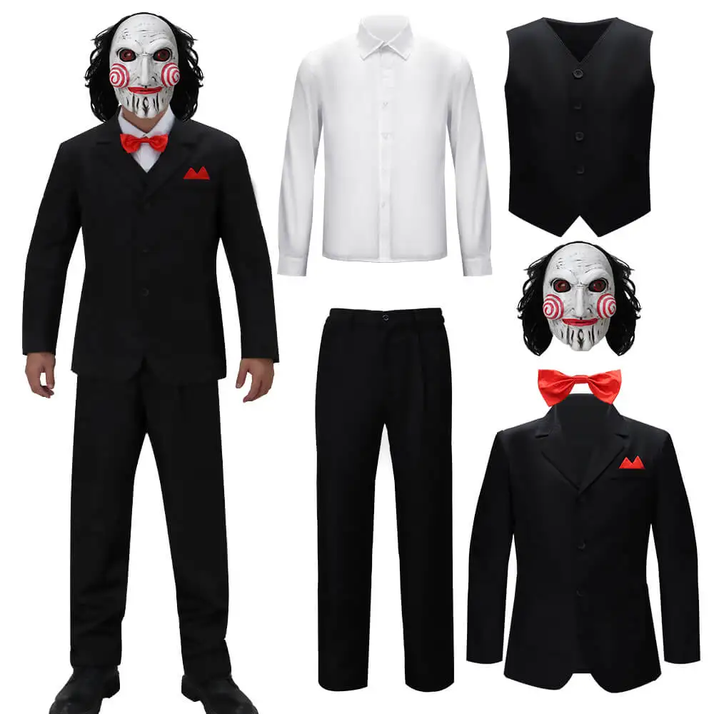 

Jigsaw Killer Cosplay Costume with Mask Billy Puppet Suit Saw Halloween Party Outfits for Men Horror Film