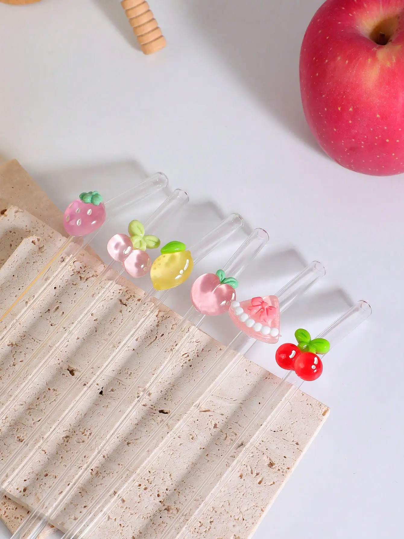 1/6PCS  Heat-Resistant Glass Straw, Strawberry Lemon Peach Design, Ideal for Milk Tea & Juice Drinks, Suitable for Office