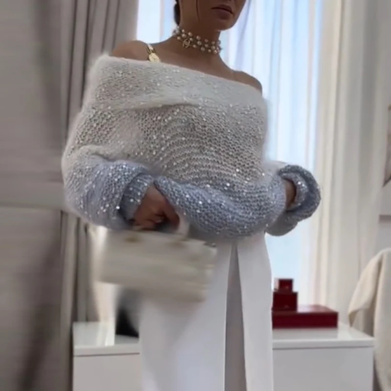 

Sexy Women's Off Shoulder Loose Knit Top New 2026 Temperament Party Sweater Gradient Sequin Long Sleeved Autumn Winter Sweater