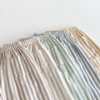 Kids Striped Linen Cotton Harem Pants 5 Spring Summer Boys Striped Loose Pants Baby Girl Vintage Casual Linen Cotton Harlan Pants Kids Lace-up Pant Children Clothing 5