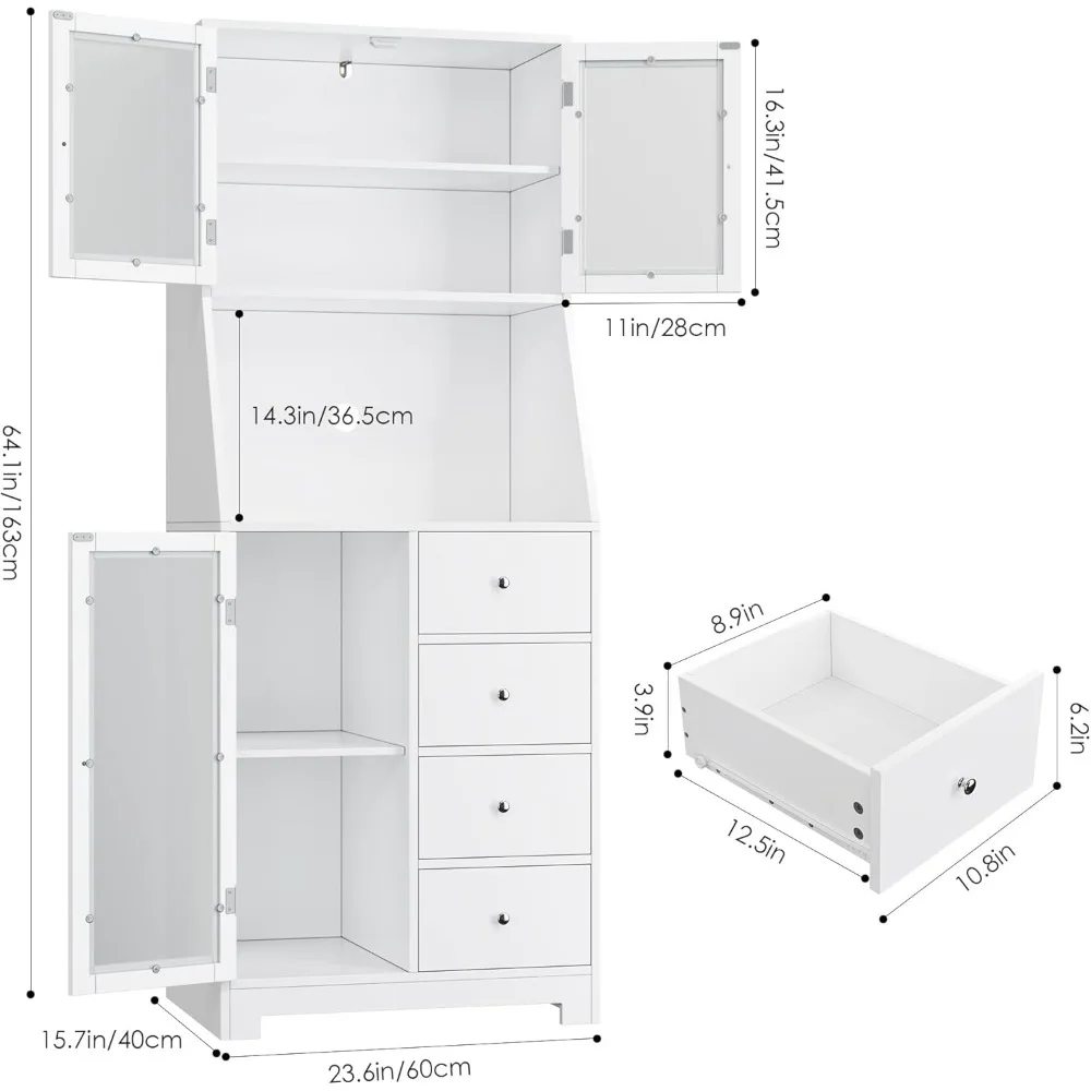64'' Tall Kitchen Storage Cabinet, Kitchen Hutch with Microwave Stand, Pantry Cabinet with Adjustable Shelves, for Kitchen