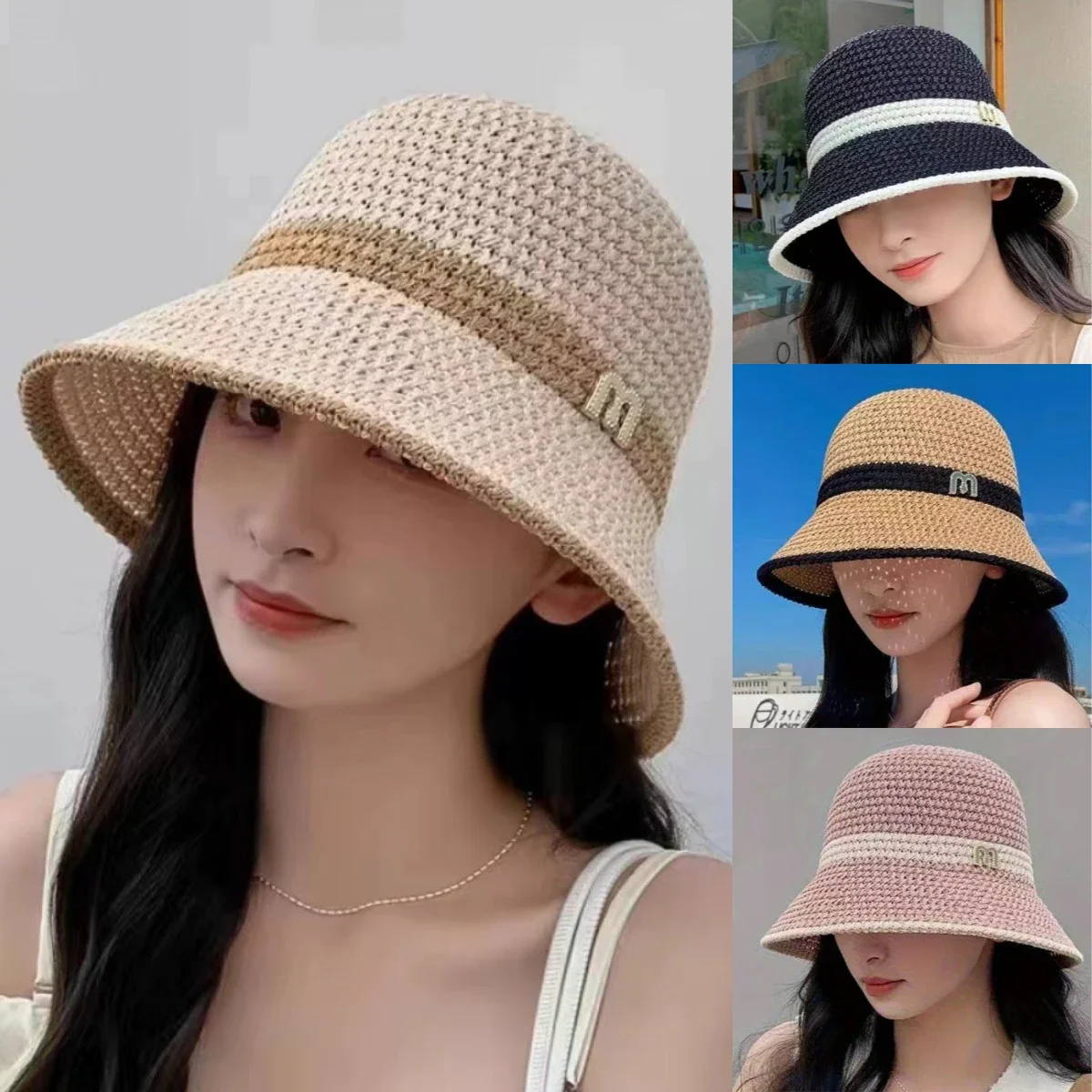 

Hollow Knitted Matching Color Bucket Hat for Women Sunshade Ladies Sun Hats Letter Holiday Beach Outdoor Traveling Fisherman Cap