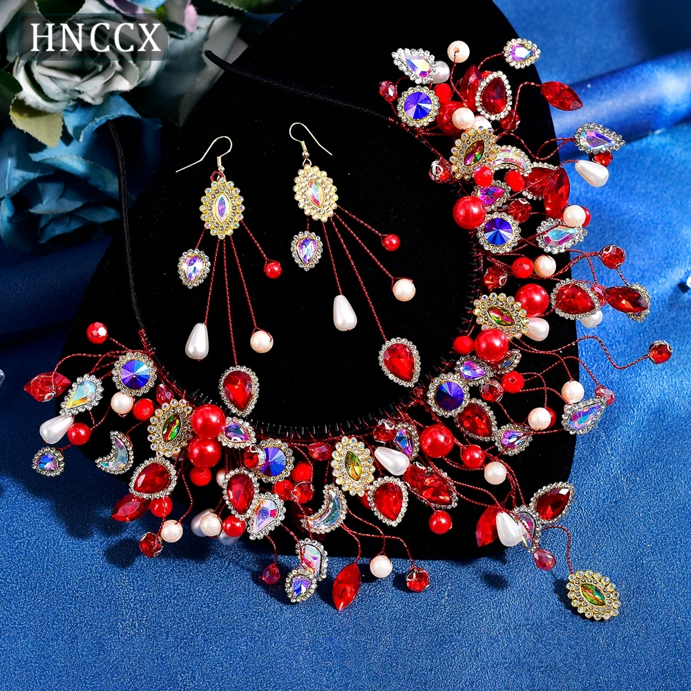 

HNCCX Bride Crown Set Colorful Rhinestone Crystal Wedding Headpieces Red Color Festival Party Headdress Earring Accessorie CP844