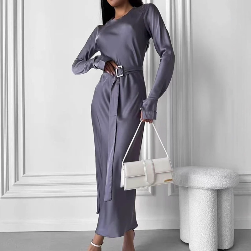 2026 nueva primavera vestido de oficina de manga larga High Street Color sólido con cordones vestido de mujer cuello redondo ajustado banquete A-line vestidos