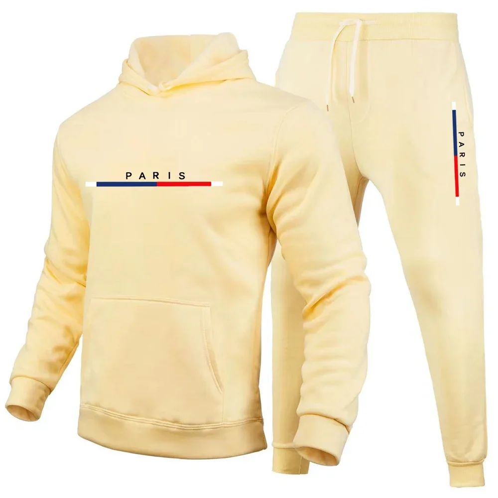 Paris Print, Men\'s 2Pcs Outfits, Casual Hoodies Long Sleeve Pullover Hooded Sweatshirt and Sweatpants Joggers Set for Spring Fal