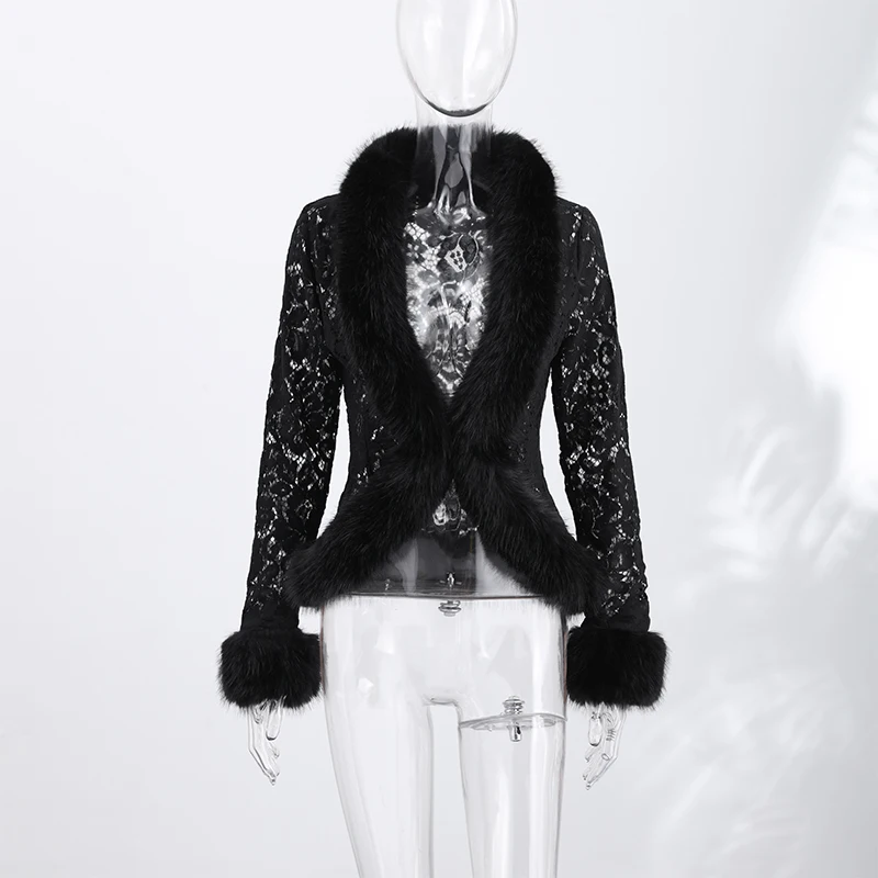 Modischer Wintermantel aus Kunstpelz mit Spitzen-Patchwork und Blumenmuster, Langarm, Damen-Oberbekleidung, Schicke Damen-Streetwear für Partys, Herbst 2026 – Detail 1