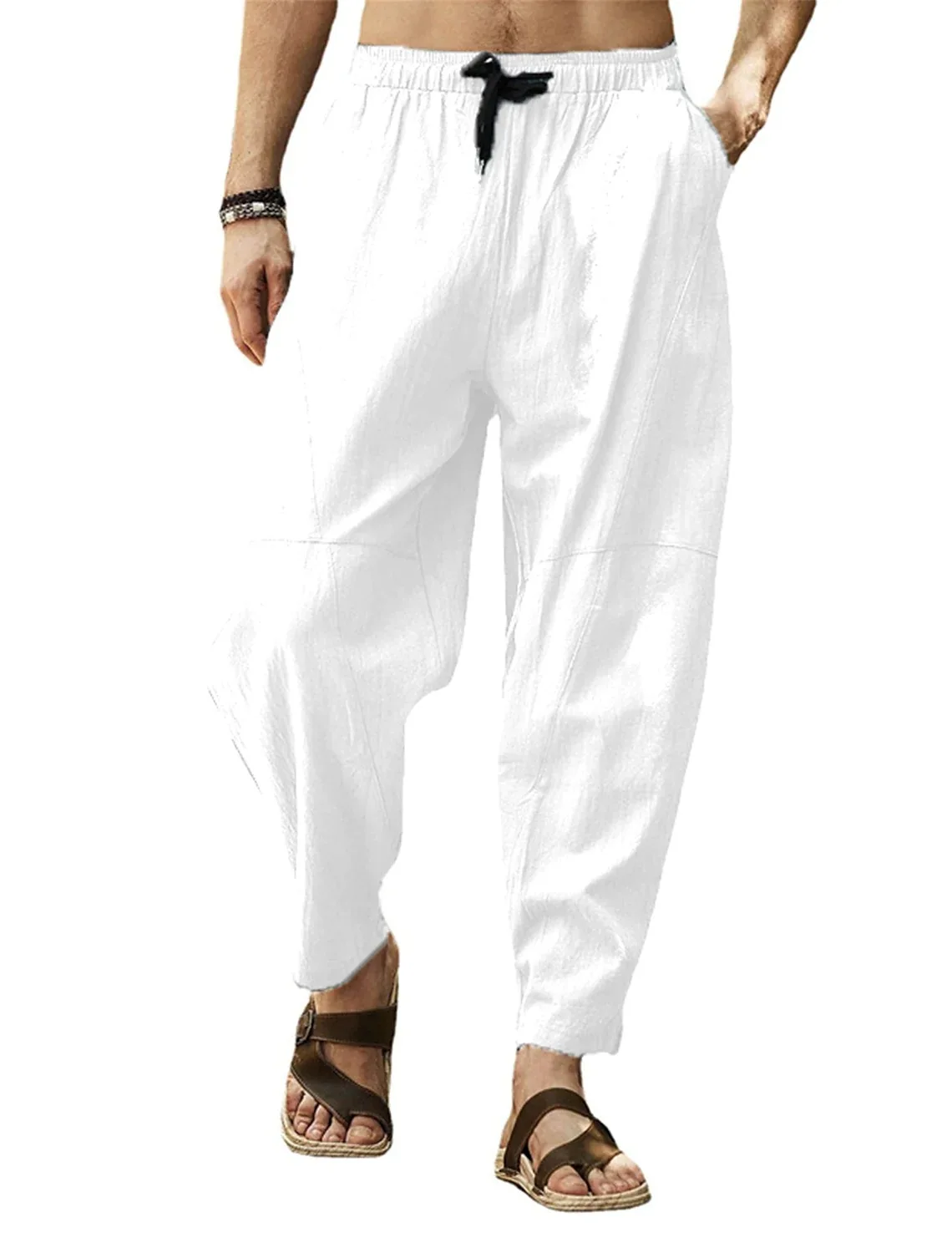 

Men's Trousers Cotton Linen Casual Pants Solid Color Breathable Loose Straight Drawstring Hip Hop Cotton Linen Little Feet Pants