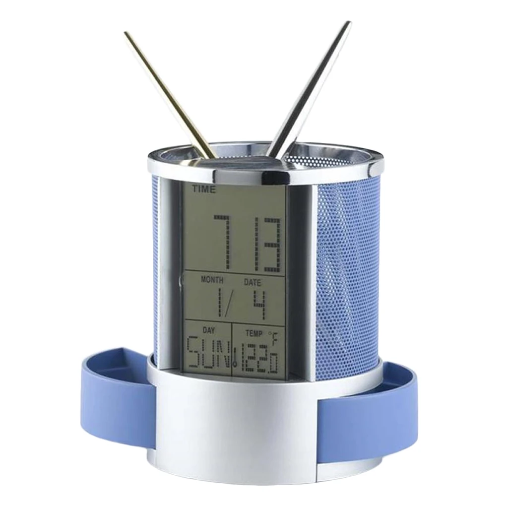 Multifunctional Mesh Pen Pencil Holder Digital LCD Office Desk ALarm Clock Time Temperature Calendar Function