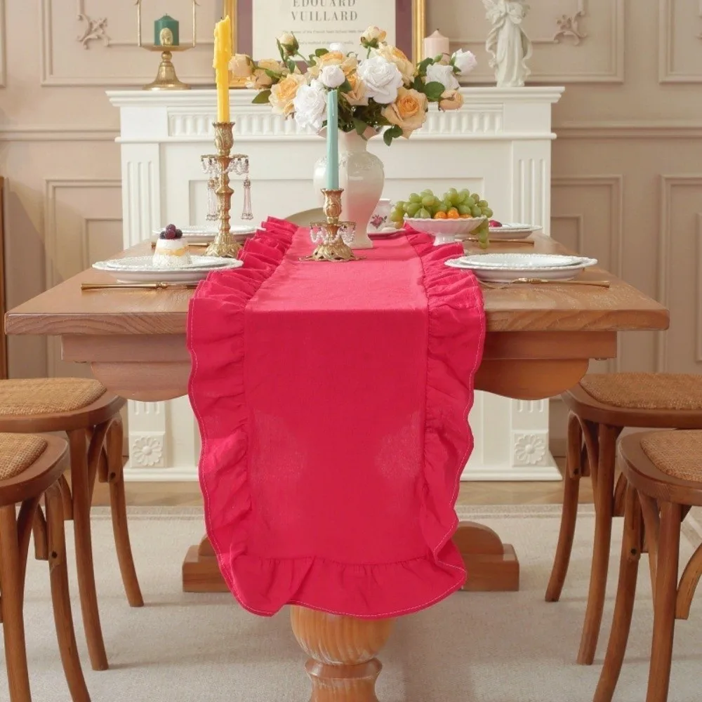 Rustic Style Ruffled Edge Table Runner Solid Color Washed Cotton Wedding Tablecloth Rectangular Anti Slip Tables Cover
