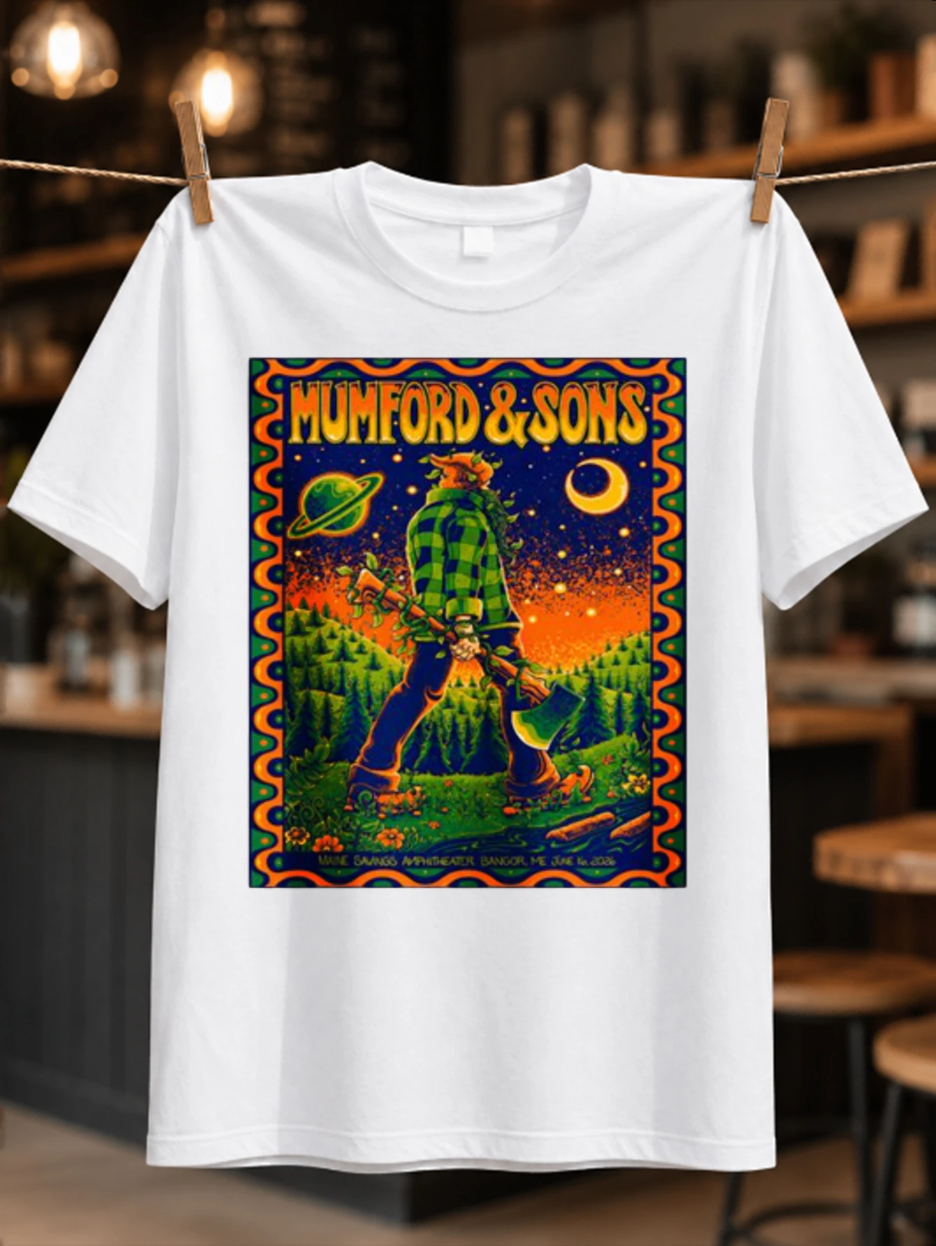 Mumford psy ched elic lumberjack forest scene with planets and bright border folk fantasy poster  Unisex All T-Shirt