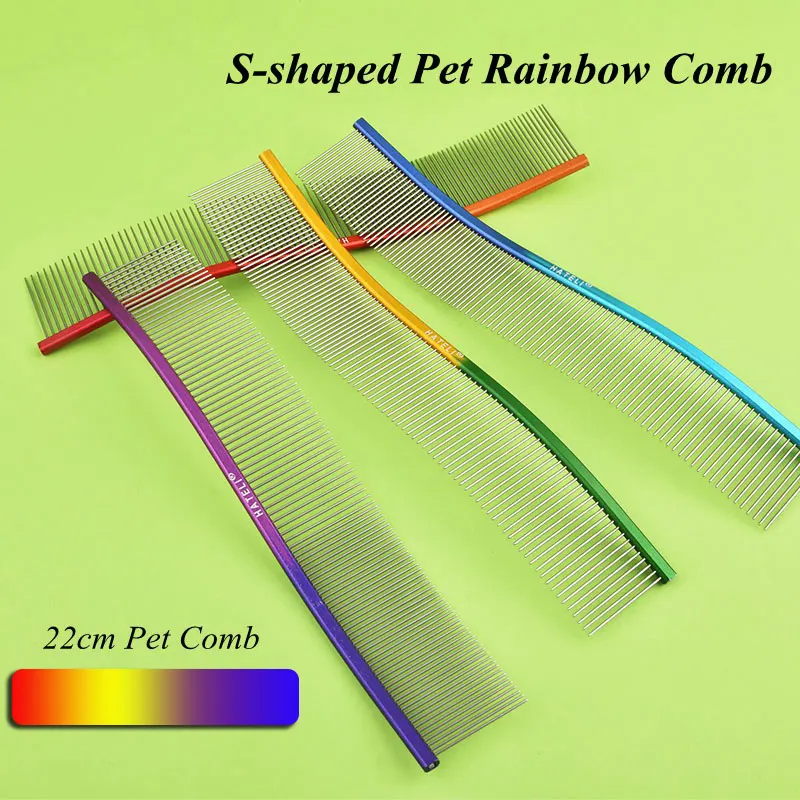 S-shaped Pet Rainbow Comb Cat Grooming Comb Stainless Steel Dog Comb Dense Teeth Cleaning Brush Hair Removal Pet Supplies 22cm