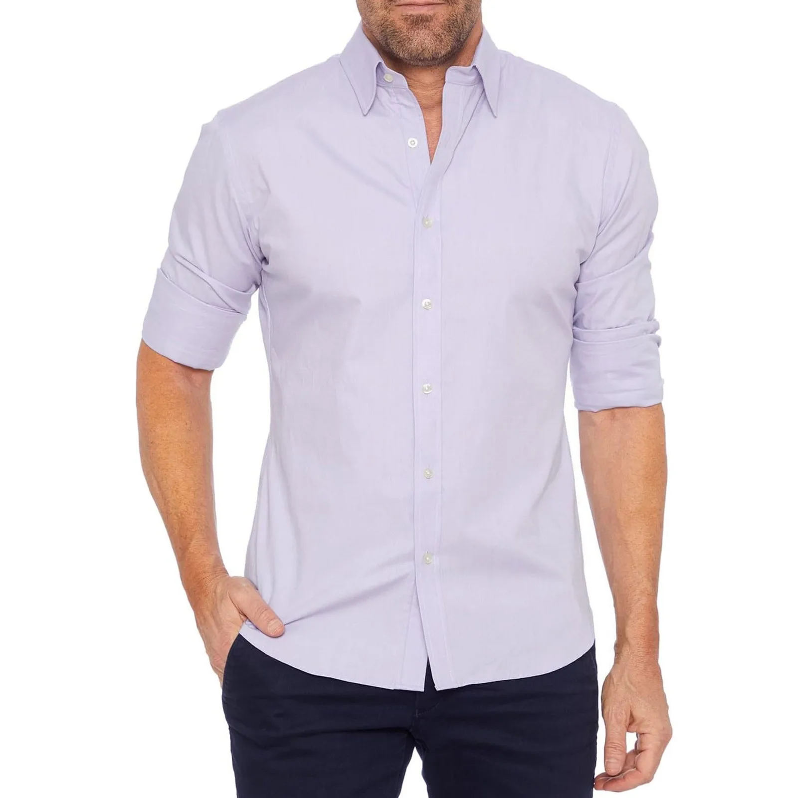 Camisa justa de manga comprida com fecho para cima masculina, camisas de negócios, camisetas elásticas, camisas de botão, roupa diária casual, monocromática