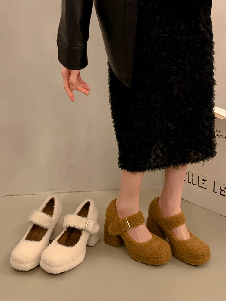 

Women's Shoes with Thick Heels, Mary Jane, Autumn and Winter 2023 New Plush and Warm High Heels