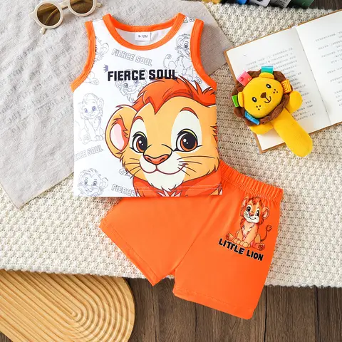2pcs Summer Baby Boys Lion King Print Tank Top Set, Fierce Soul Graphic, Casual Daily/Outdoor Play, 9-12M, Contrast Trim Vest