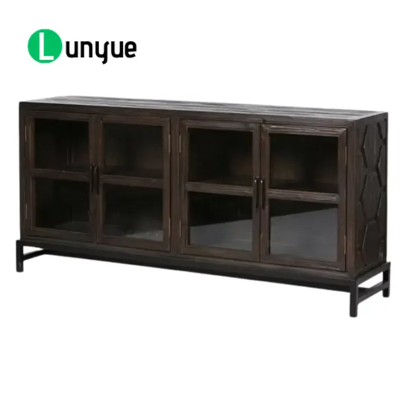 Rustic Recycled Wooden Cupboard with Glass Door Buffet Cabinet Storage Furniture for Kitchen Dining Room Vintage Home Decor