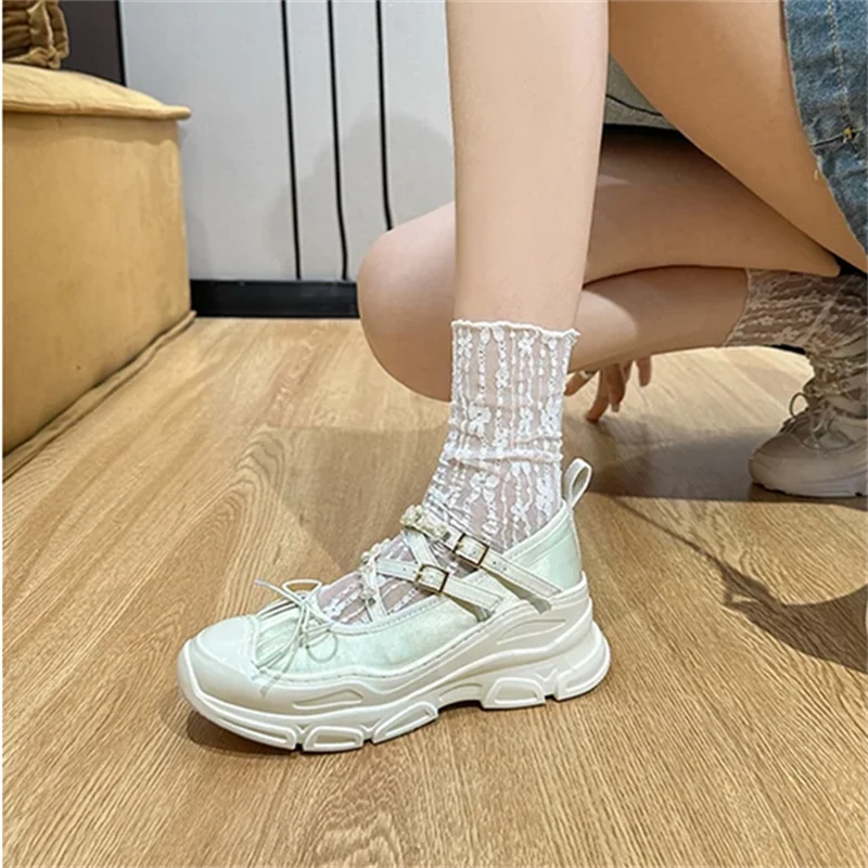 String Bead Butterfly-Knot Breathable Women Sneakers Lace-Up Thick Bottom Hand-made Ladies Shoes Casual Fashion Tenis De Mujer