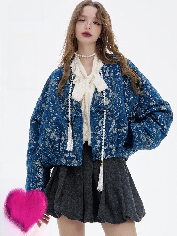 

New Chinese Sle Cotton Jaet Women's Retro Embroidered Sandwich Cotton Outerwear Elf Sa Blue Bot Silver Pattern